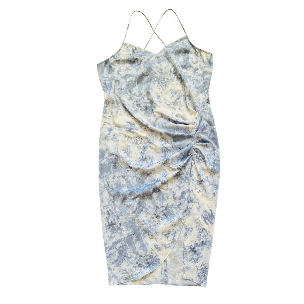 Open Edit Marble Print Ruched Slip Dress Blue White Midi Wedding Guest XL